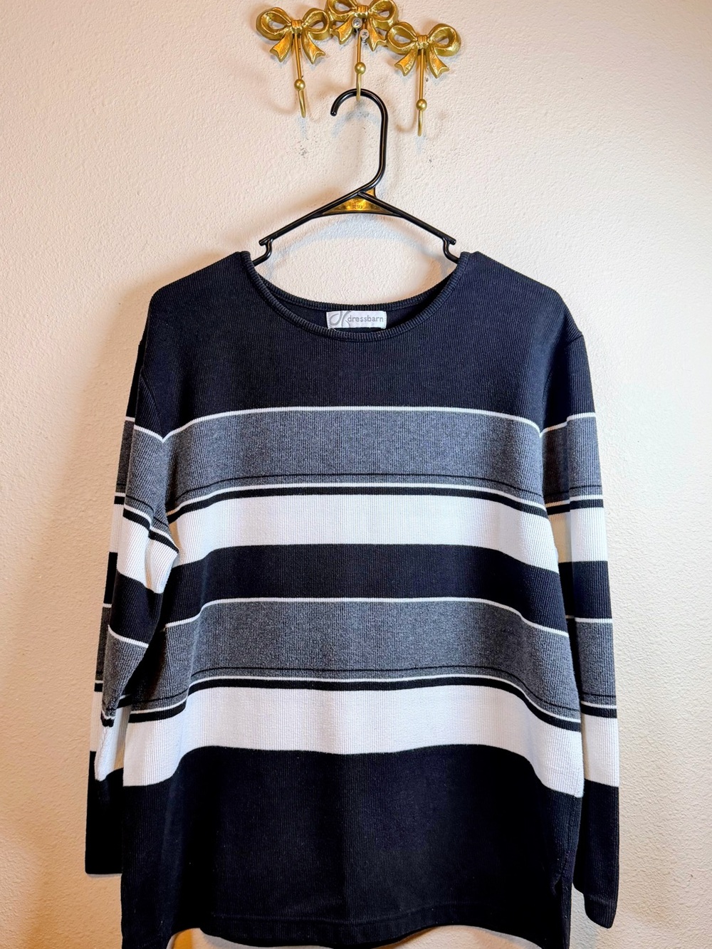 dressbarn Black, Gray & White Striped Crewneck Thin Sweater. Size M/measurements